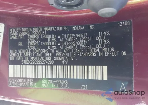 2009 Toyota Sienna from USA, damaged, VIN 5TDZK22C99S274280